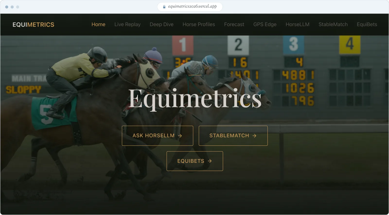 The Equimetrics home page: the wordmark over race footage, with links to HorseLLM, StableMatch and EquiBets